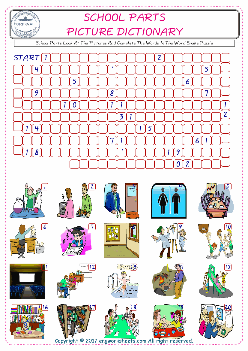  Check the Illustrations of School Parts english worksheets for kids, and Supply the Missing Words in the Word Snake Puzzle ESL play. 